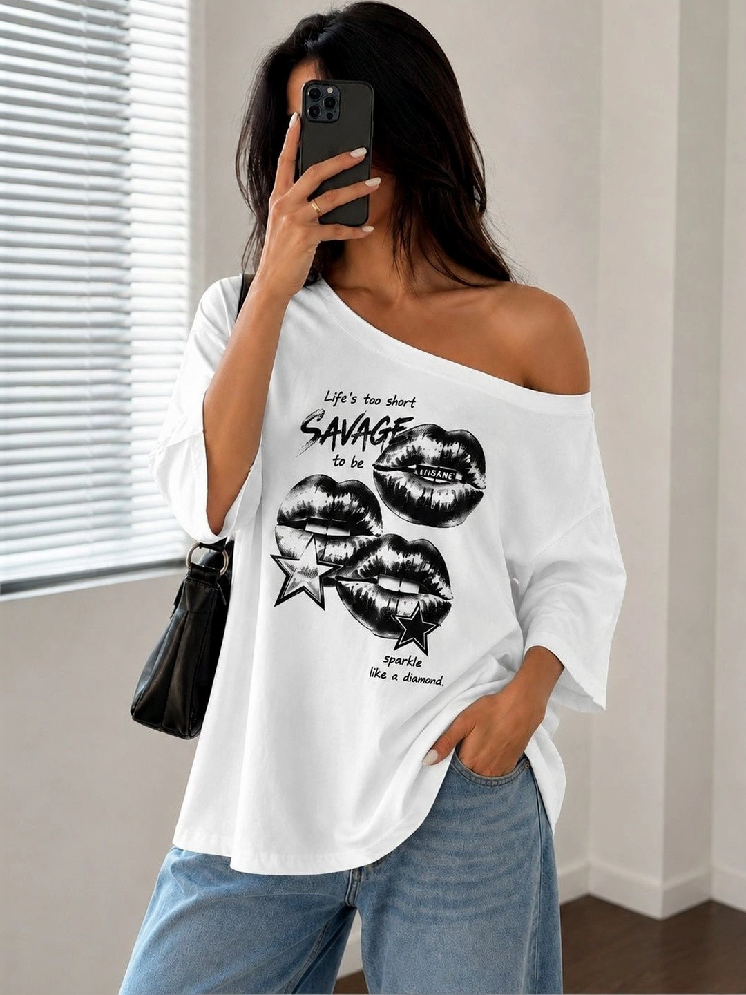 srensfashion Women Typography Printed Drop-Shoulder Sleeves T-shirt