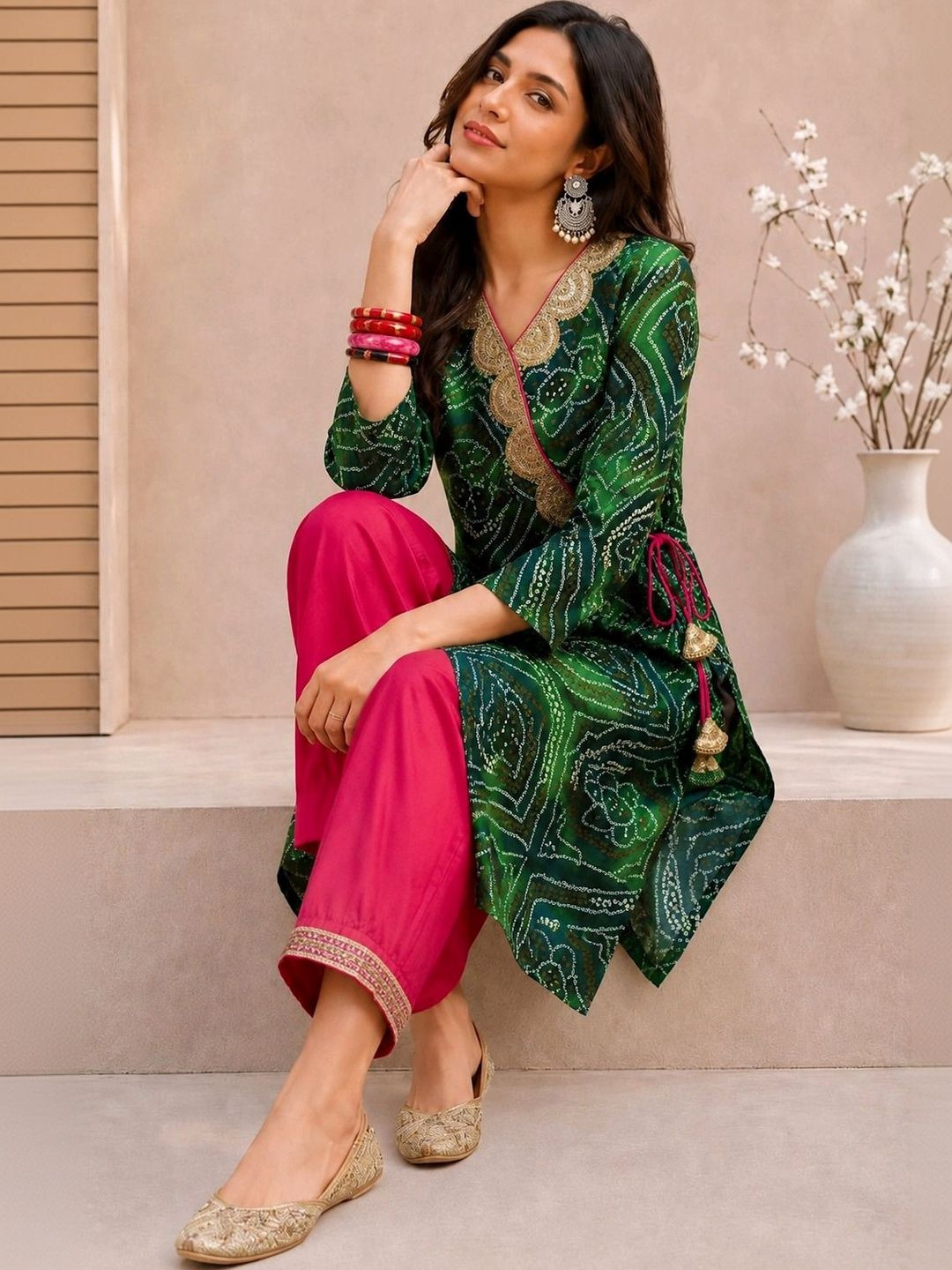 KALINI Women Bandhani Printed Gotta Patti Kurta