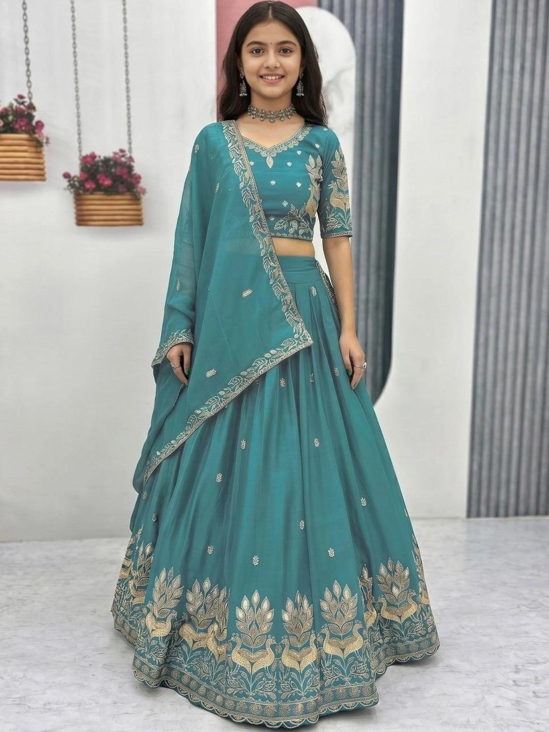 Closin Girls Embroidered Thread Work Ready to Wear Lehenga & Unstitched Blouse With Dupatta