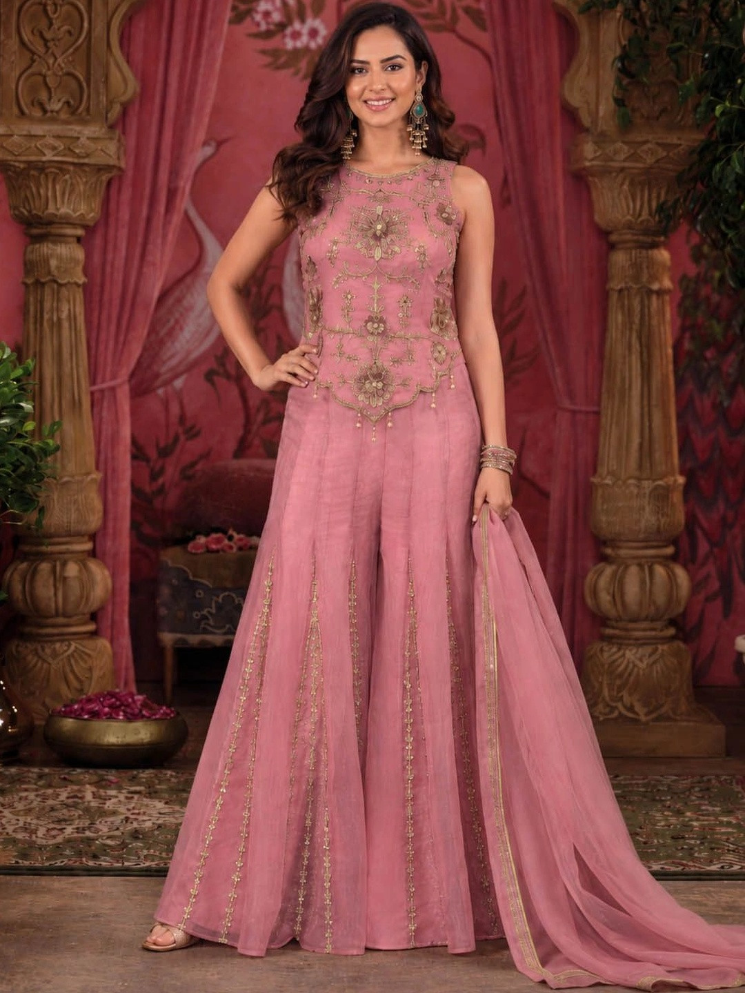 House of Pataudi Women Ethnic Motifs Embroidered Regular Kurta with Palazzos & With Dupatta