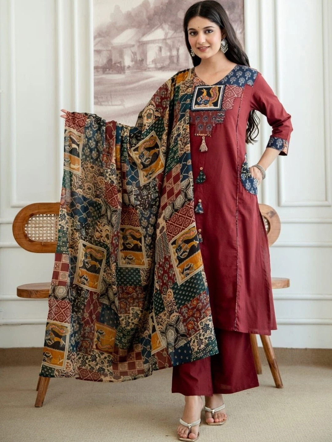 MARIONETTEFASHION Women Ethnic Motifs Regular Thread Work Pure Cotton Kurta with Palazzos & With Dupatta