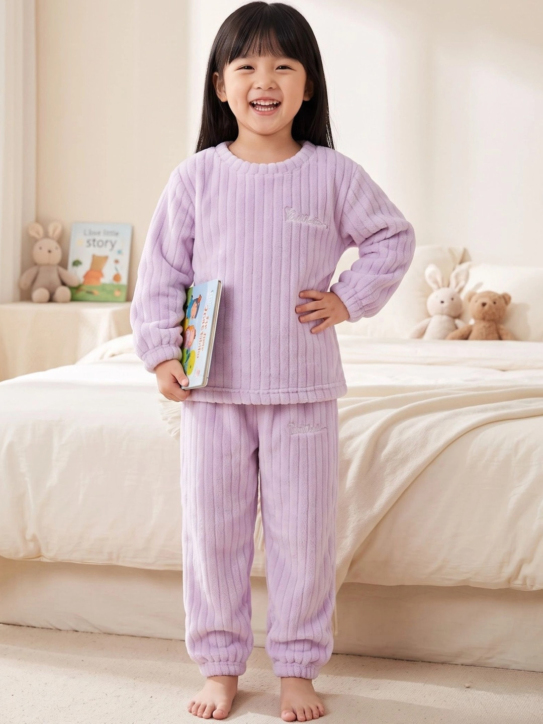 Lugo Kids Unisex Lavender Ribbed Full Sleeve Top & Pyjama Set