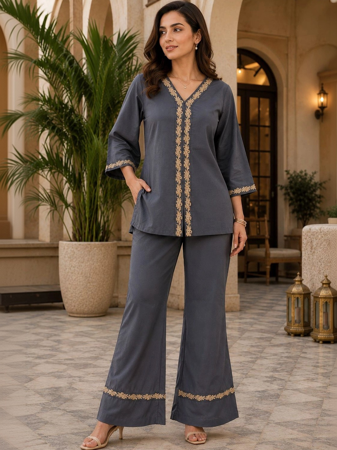 Manqsh by Claura Embroidered Tunic with Palazzos