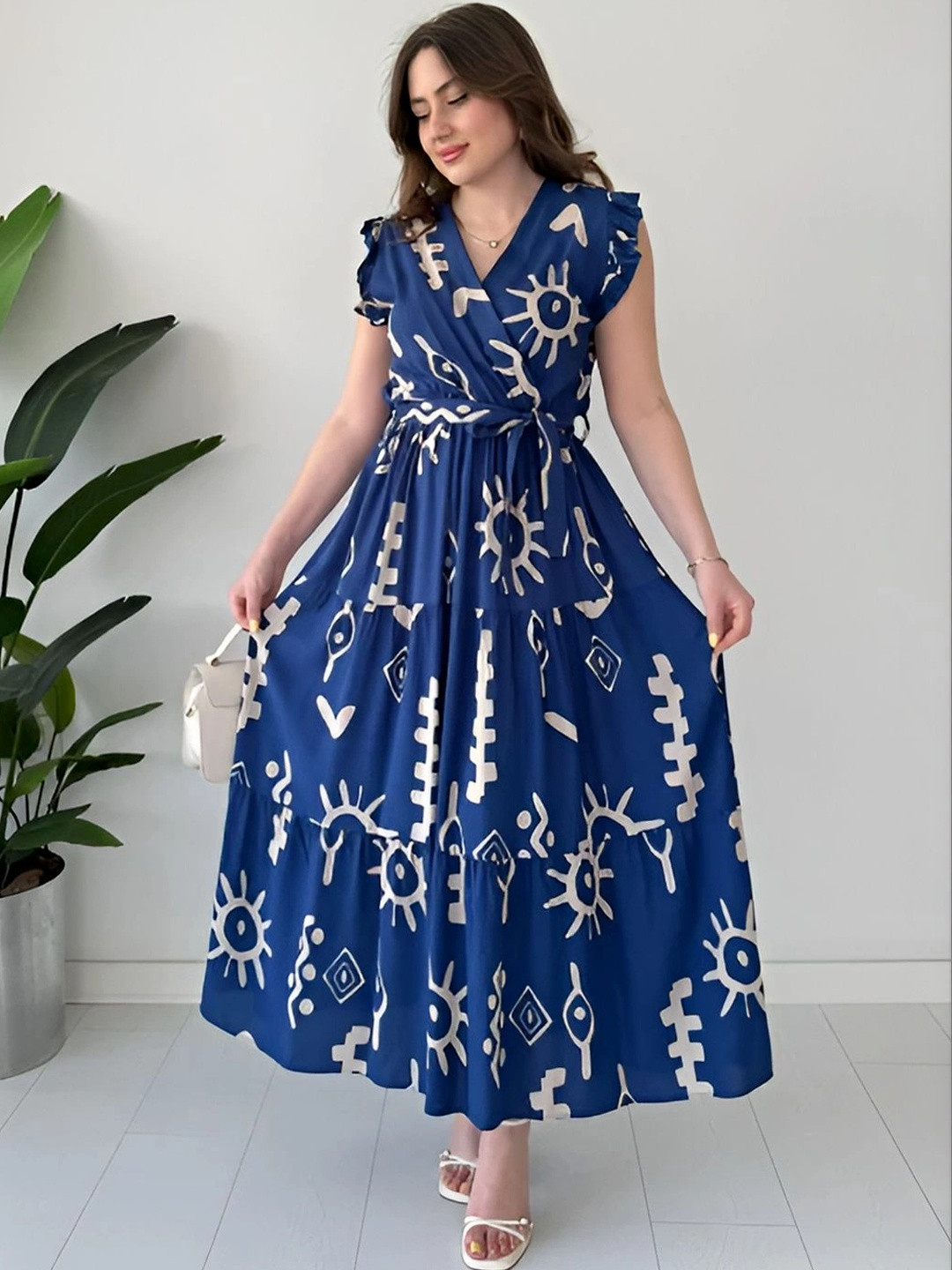 Twelve South Print Flutter Sleeve Ruffled Maxi Dress