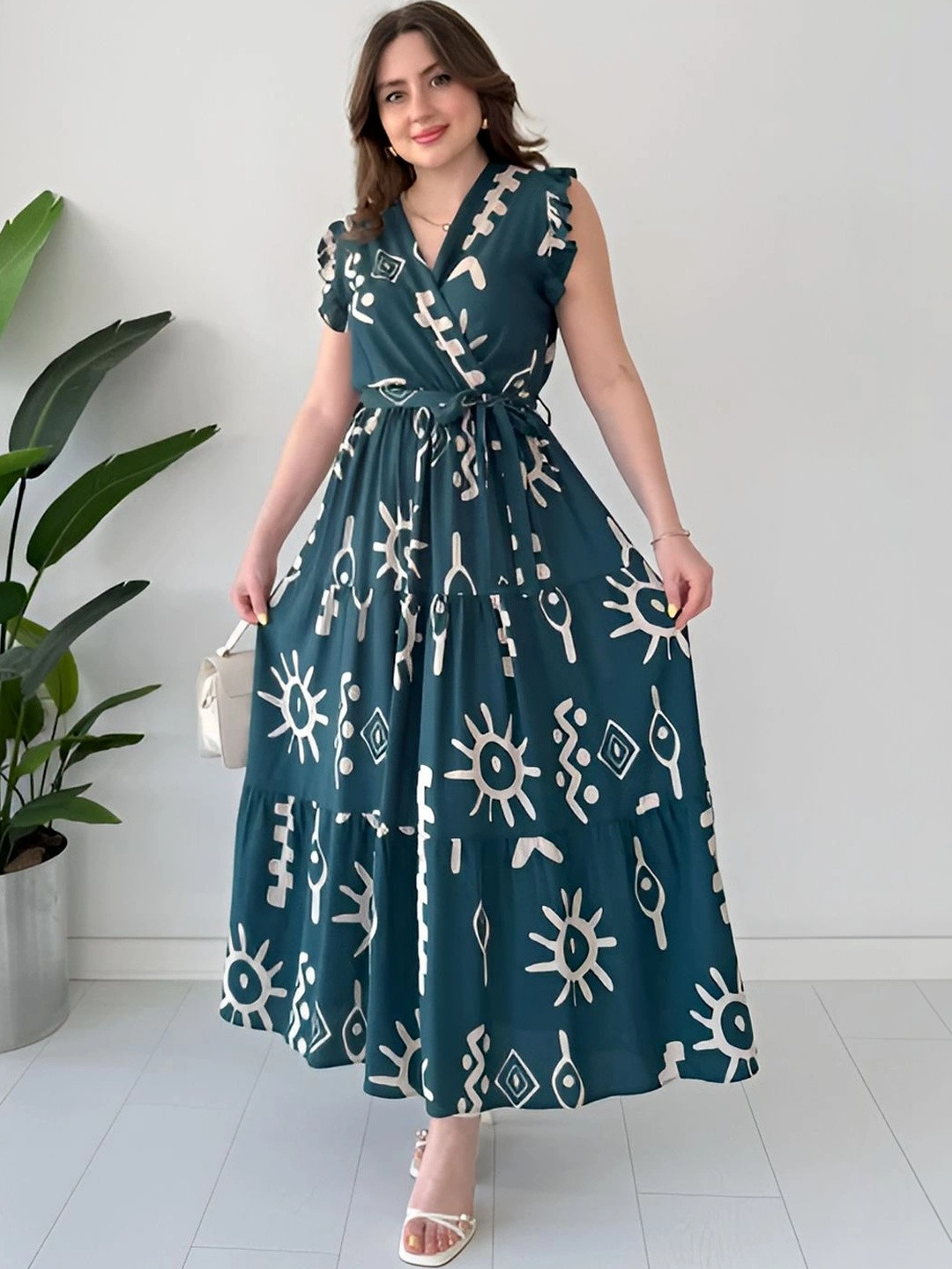 Twelve South Print Flutter Sleeve Ruffled Maxi Dress