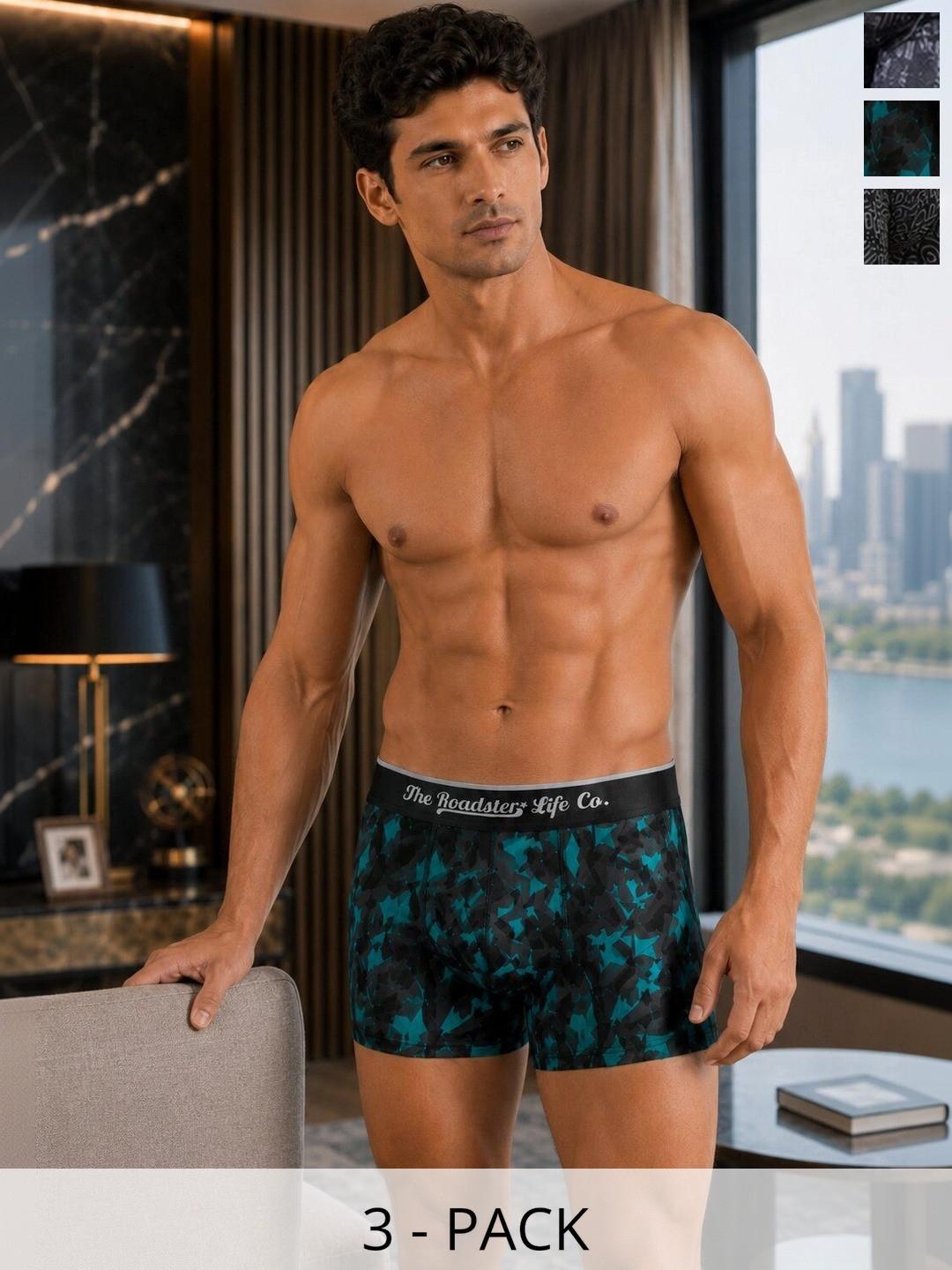 Roadster Pack of 3 Cotton Blend Assorted Printed Trunks