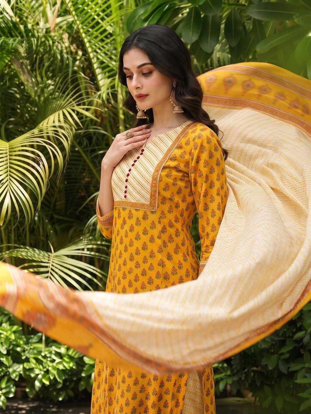 KALINI Floral Printed Notch Neck Straight Kurta with Trousers & Dupatta