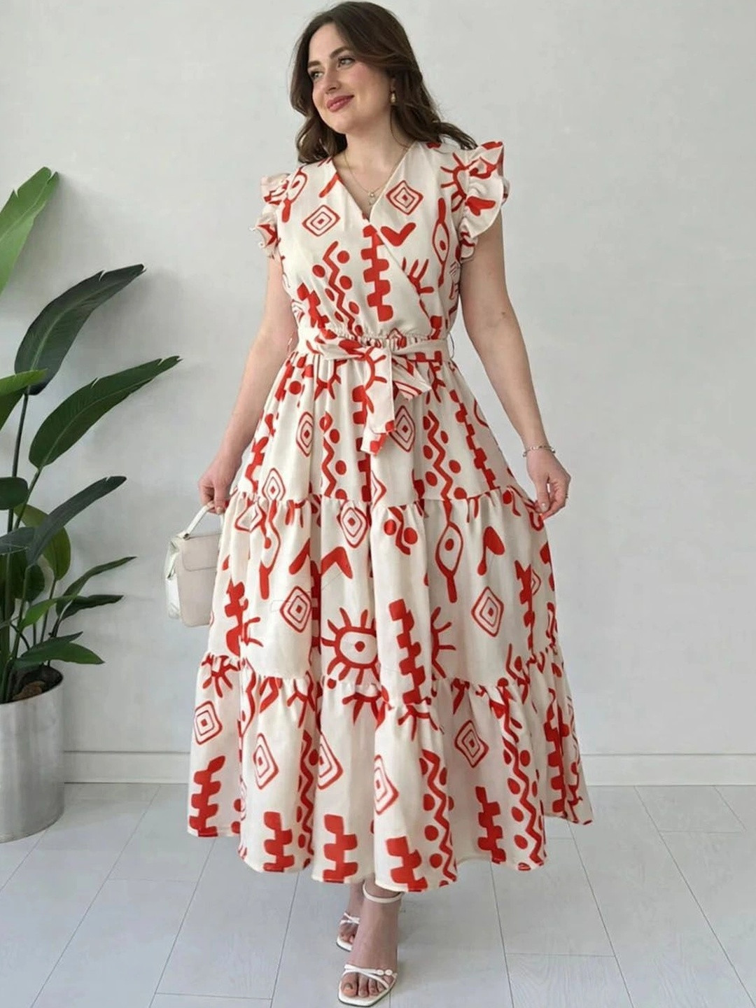 Twelve South Tribal Print Flutter Sleeve Ruffled A-Line Maxi Dress