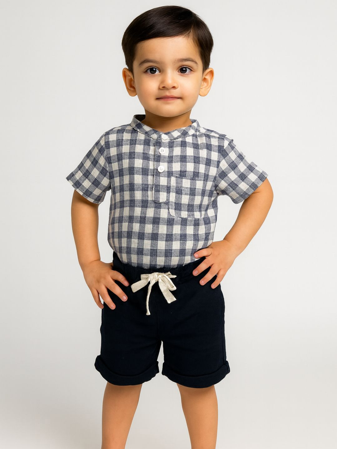 Biglilpeople Boys Checked Short Sleeves Pure Cotton Shirt With Shorts