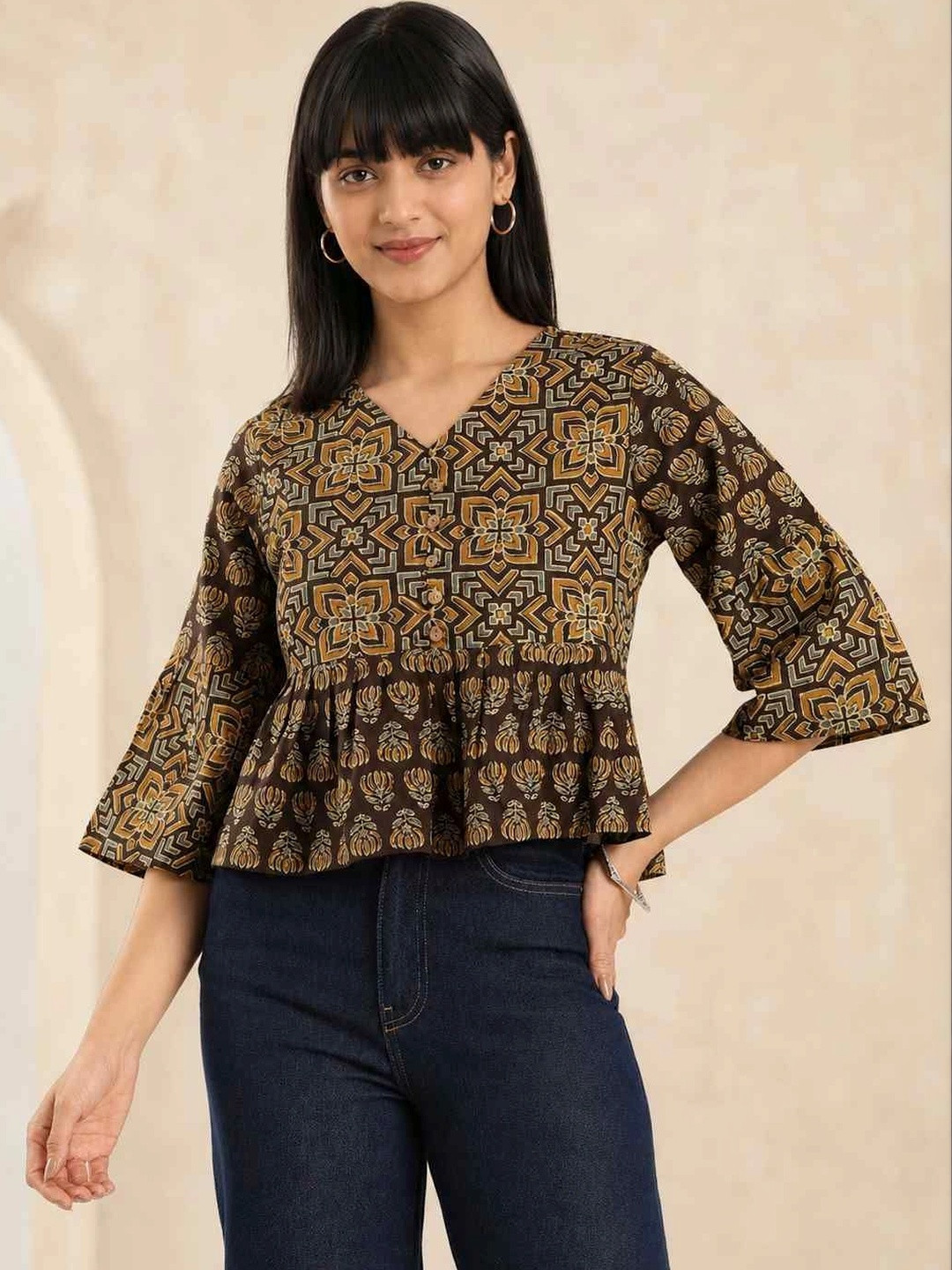 GULMEHAK Print Flared Sleeve Ethnic Cotton Peplum Crop Top