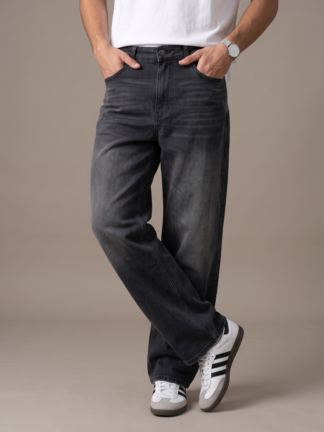 glitchez Men Wide Leg Mid-Rise Light Fade Stretchable Jeans