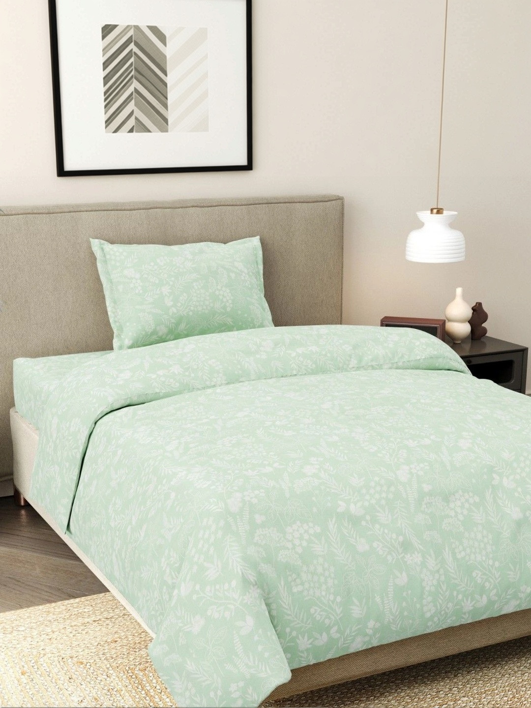 haus & kinder Green Floral 186 TC Single Bedsheet with 1 Pillow Covers
