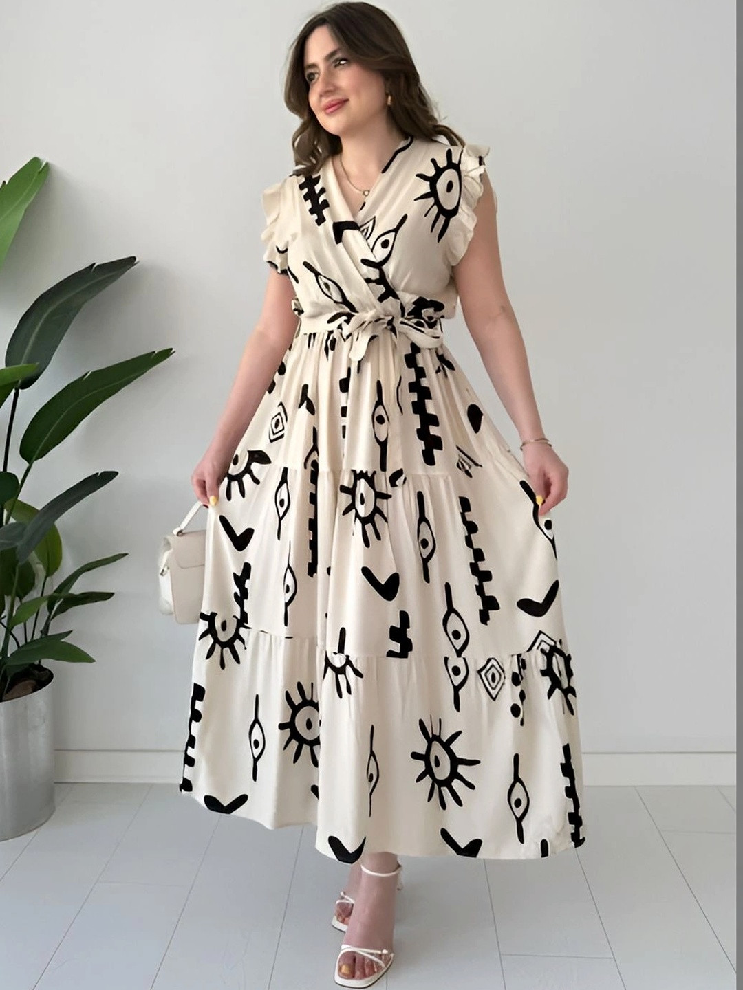 Twelve South Print Flutter Sleeve Ruffled Maxi Dress