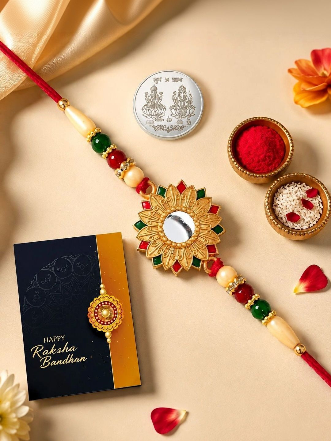 DeoDap Rakhi With Greeting Card & Roli-Chawal & Silver Toned coin