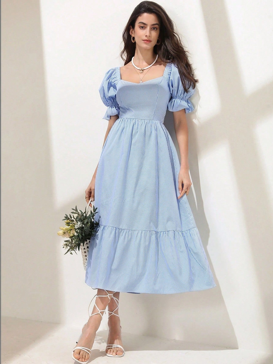Twelve South Checked Puff Sleeve Ruffled Crepe A-Line Midi Dress
