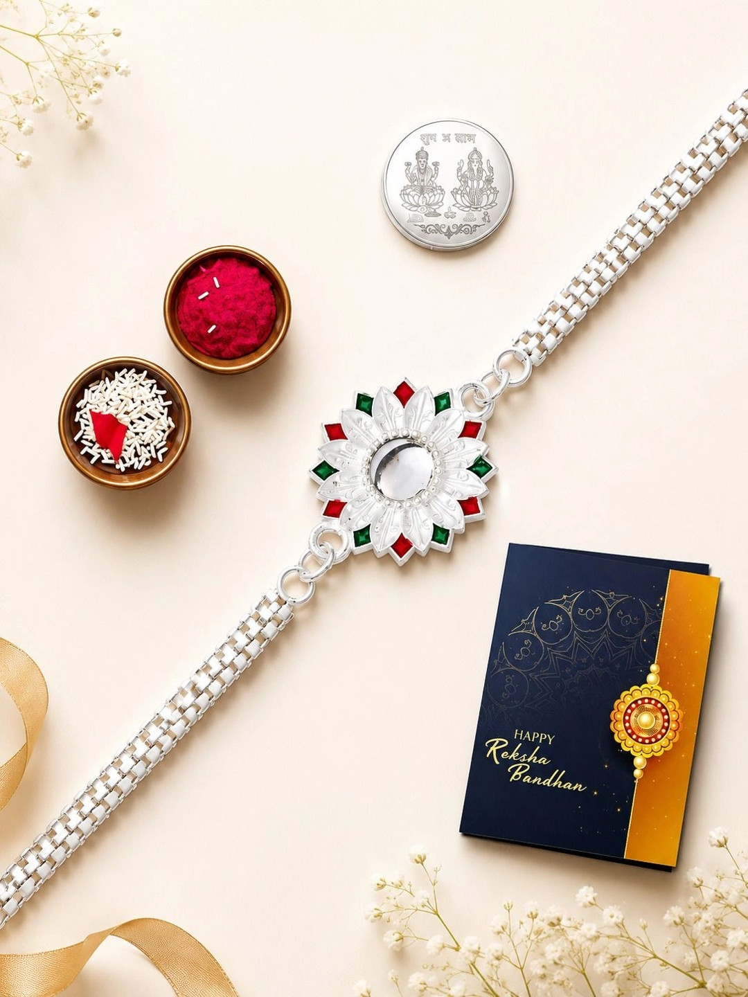 DeoDap Rakhi With Greeting Card & Roli-Chawal & Silver Toned coin