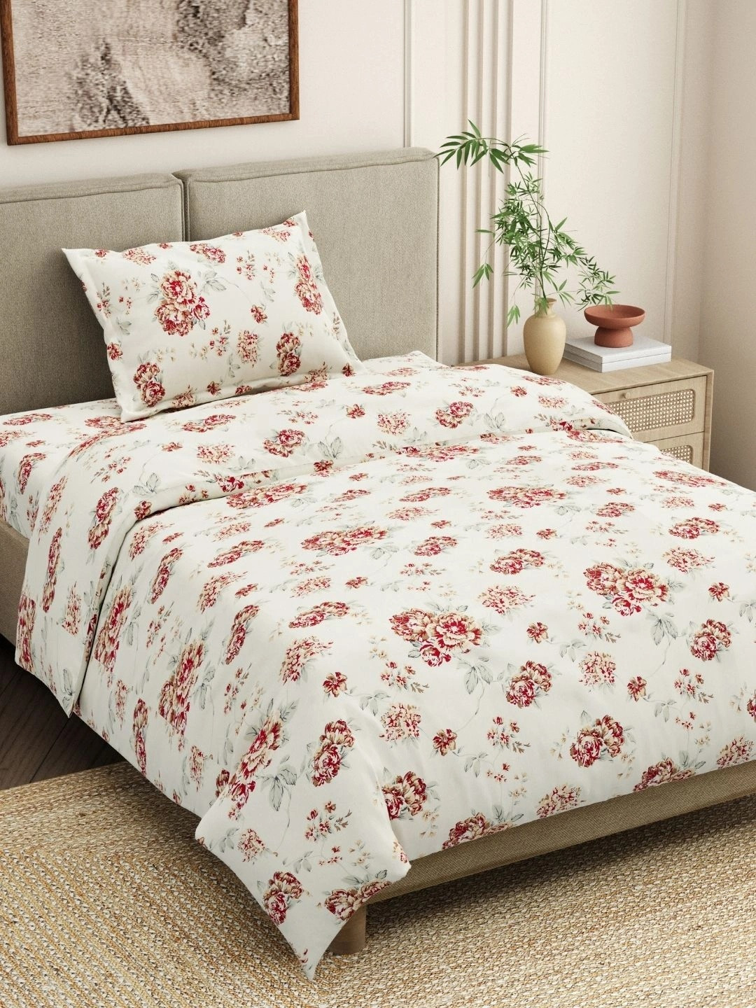haus & kinder Off White & Maroon Floral 186 TC Single Bedsheet with 1 Pillow Covers