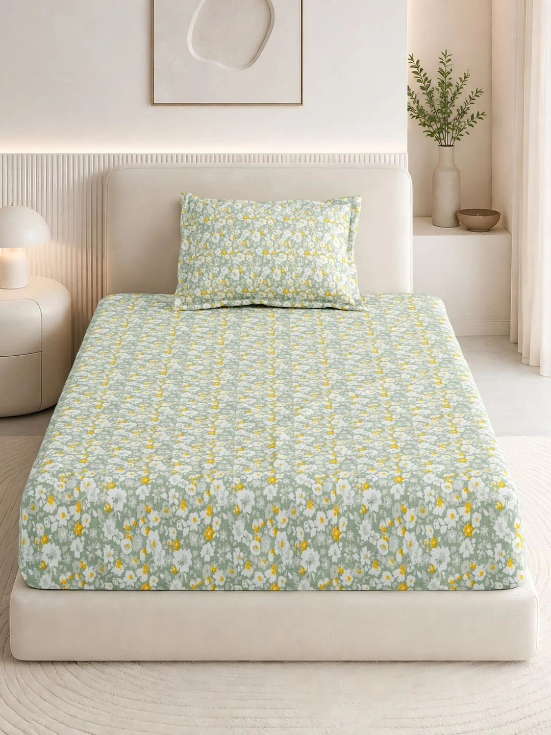 haus & kinder Silver-Toned Floral 186 TC Single Bedsheet with 1 Pillow Covers
