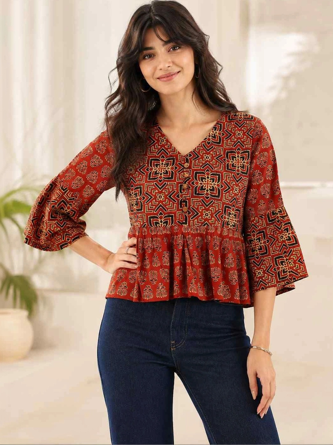 GULMEHAK Print Bell Sleeve Ethnic Cotton Peplum Top