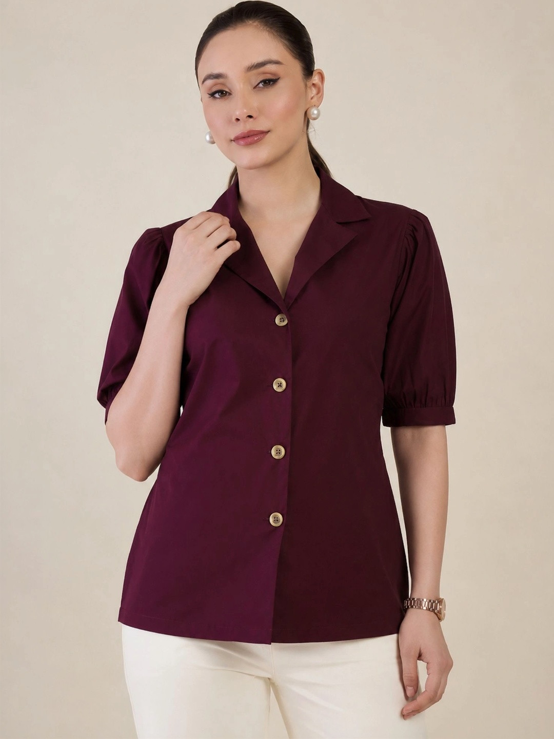 WineRed Puff Sleeve Cotton Top