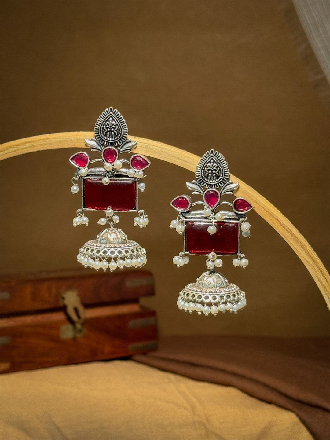 NAMAN ARTS Silver Plated Artificial Stones Studded & Beaded Dome Shaped Jhumkas