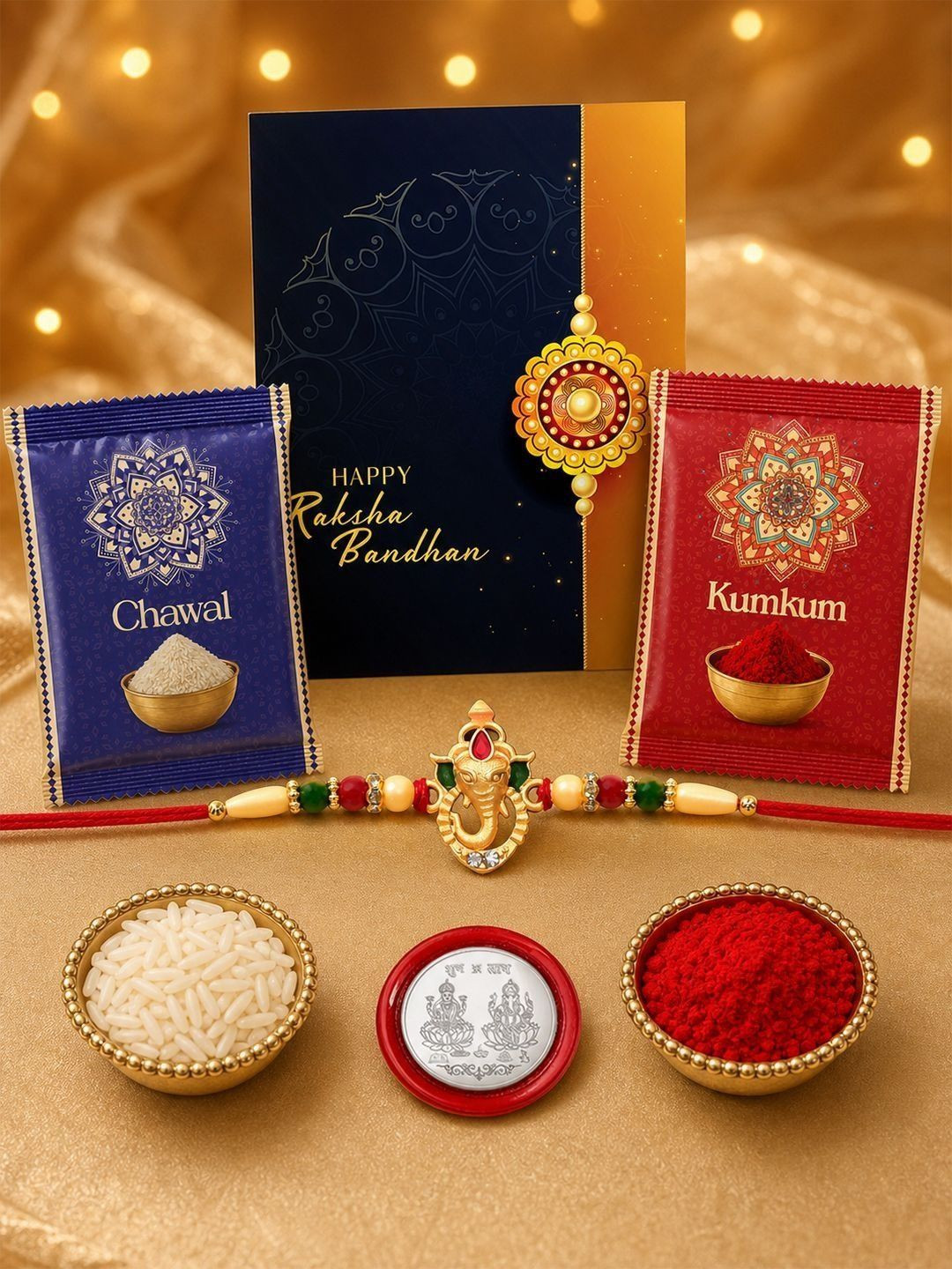 DeoDap Rakhi For Brother With Greeting Card & Roli-Chawal & Silver Colour Coin