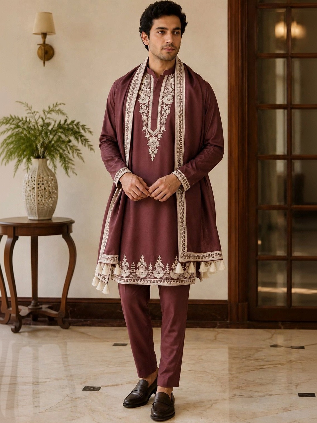 House of Pataudi Men Ethnic Motifs Embroidered Regular Thread Work Kurta with Trousers & With Dupatta