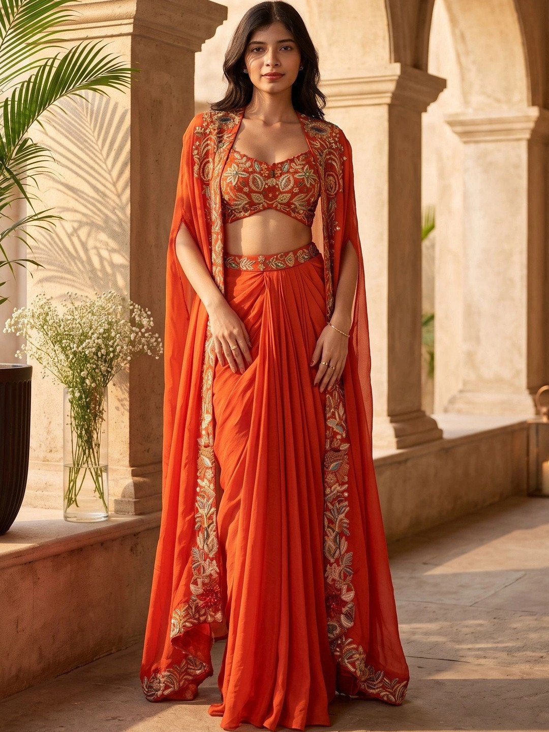STARLY Ethnic Motifs Embroidered Satin Maxi Dress