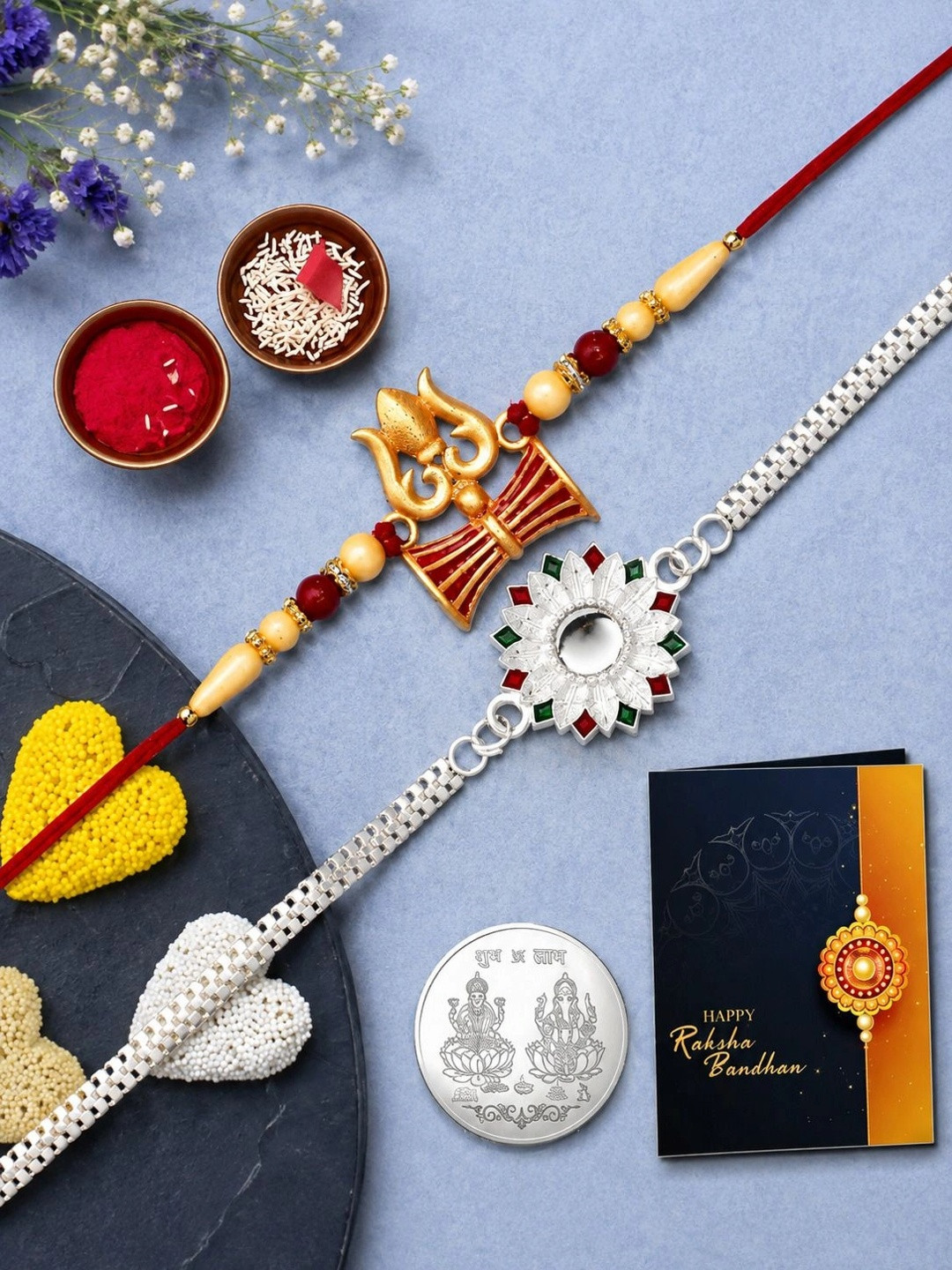 DeoDap Set of 2 Rakhi With Greeting Card & Roli-Chawal & Silver Toned coin