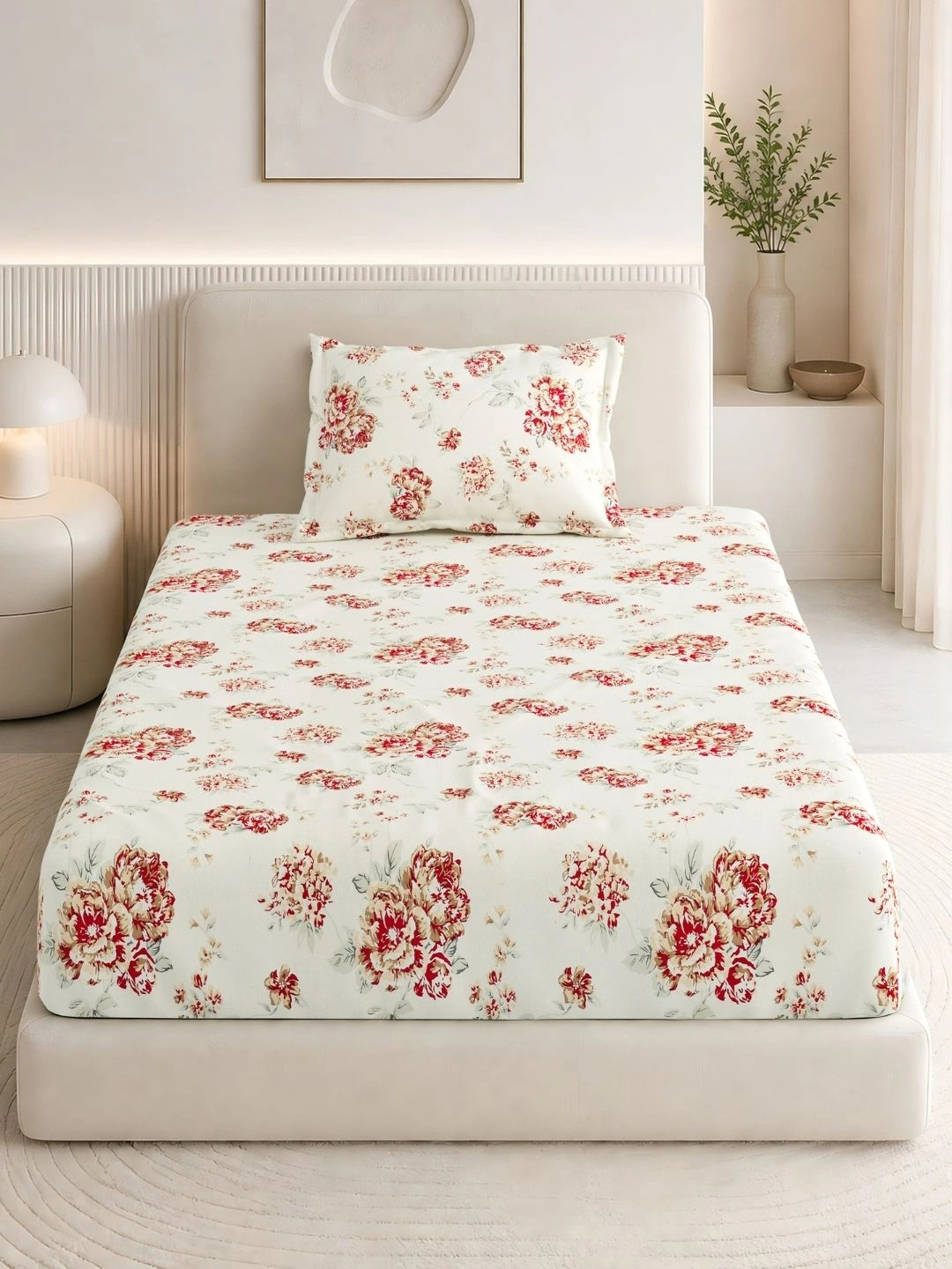 haus & kinder Off White & Brown Floral 186 TC Single Bedsheet with 1 Pillow Covers