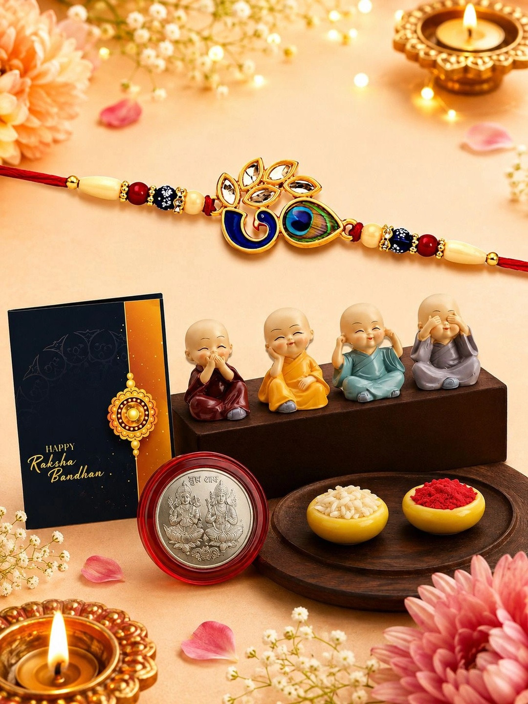 DeoDap Rakhi Gift Set With Rakhi Roli Chawal & Greeting Card & Silver Colour Coin & Budhha