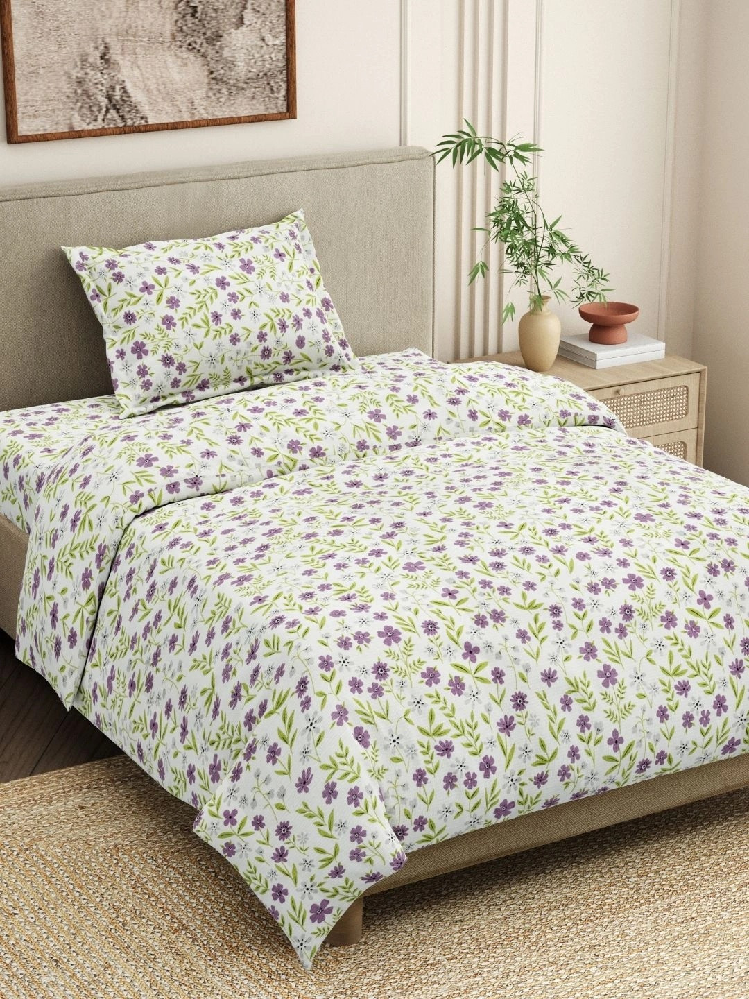 haus & kinder Off White Floral 186 TC Single Bedsheet with 1 Pillow Covers