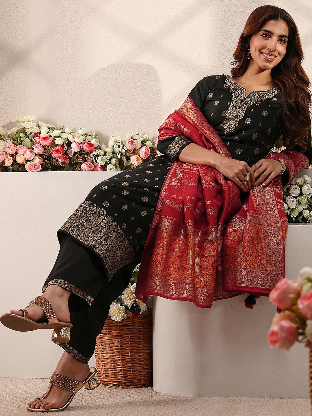 Libas Black Floral Woven Design Straight Suit Set with Dupatta