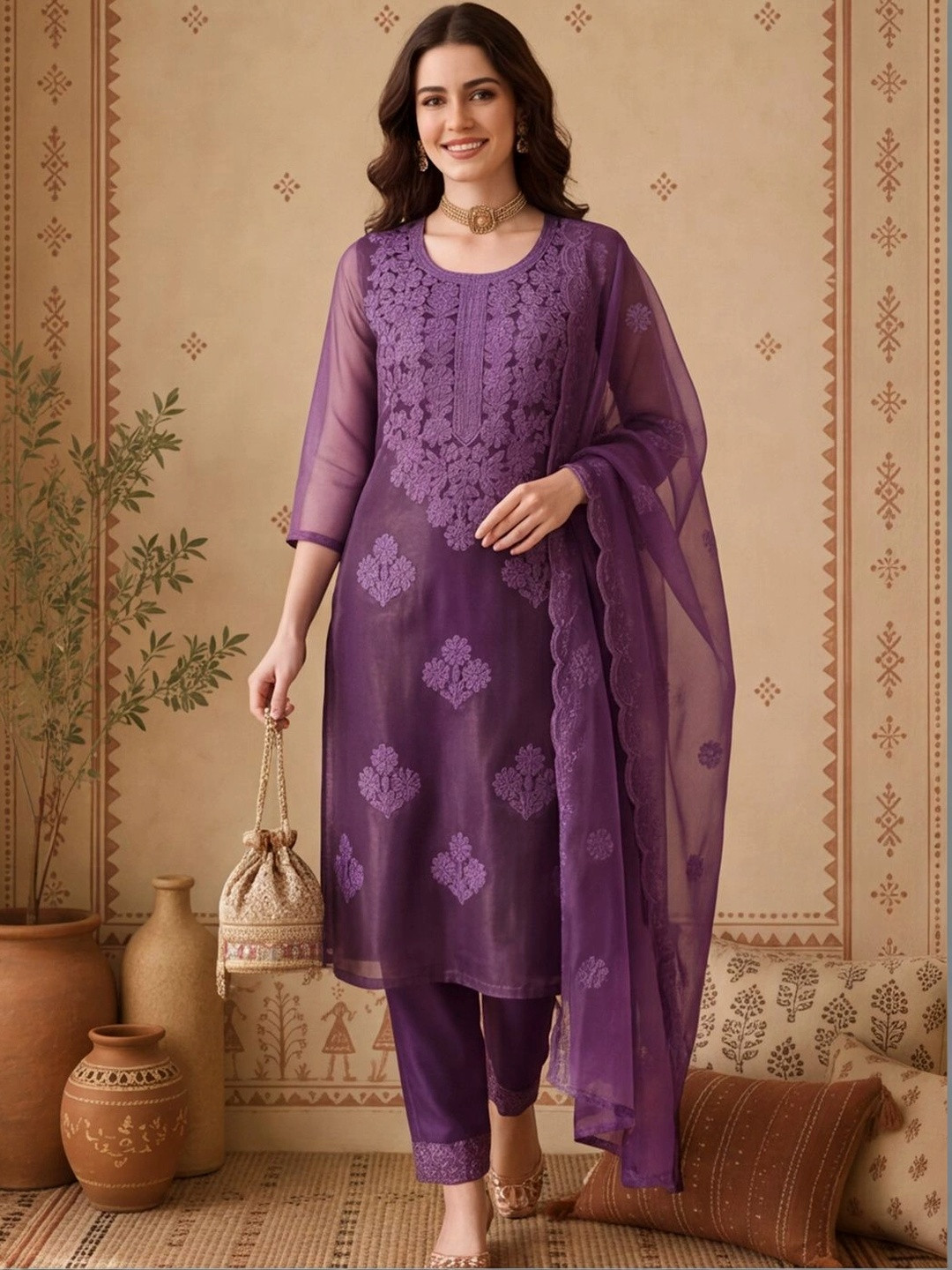 Anouk Women Ethnic Motifs Embroidered Regular Thread Work Kurta with Trousers & With Dupatta