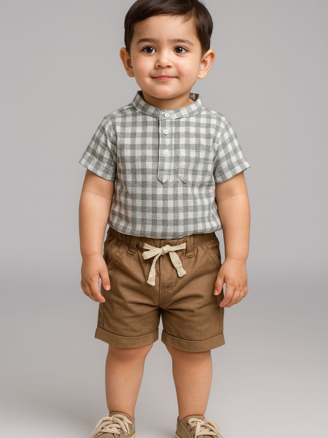 Biglilpeople Boys Checked Short Sleeves Pure Cotton Shirt With Shorts
