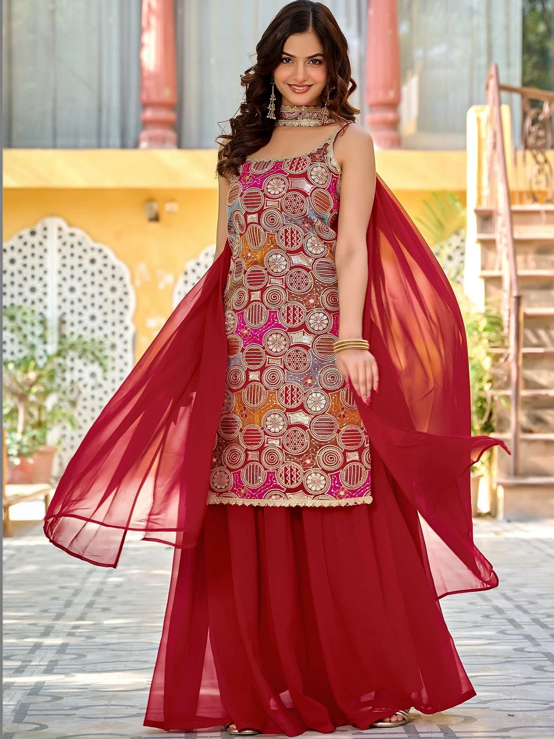 TextileNow Women Ethnic Motifs Embroidered Regular Sequinned Silk Georgette Kurta with Sharara & With Dupatta