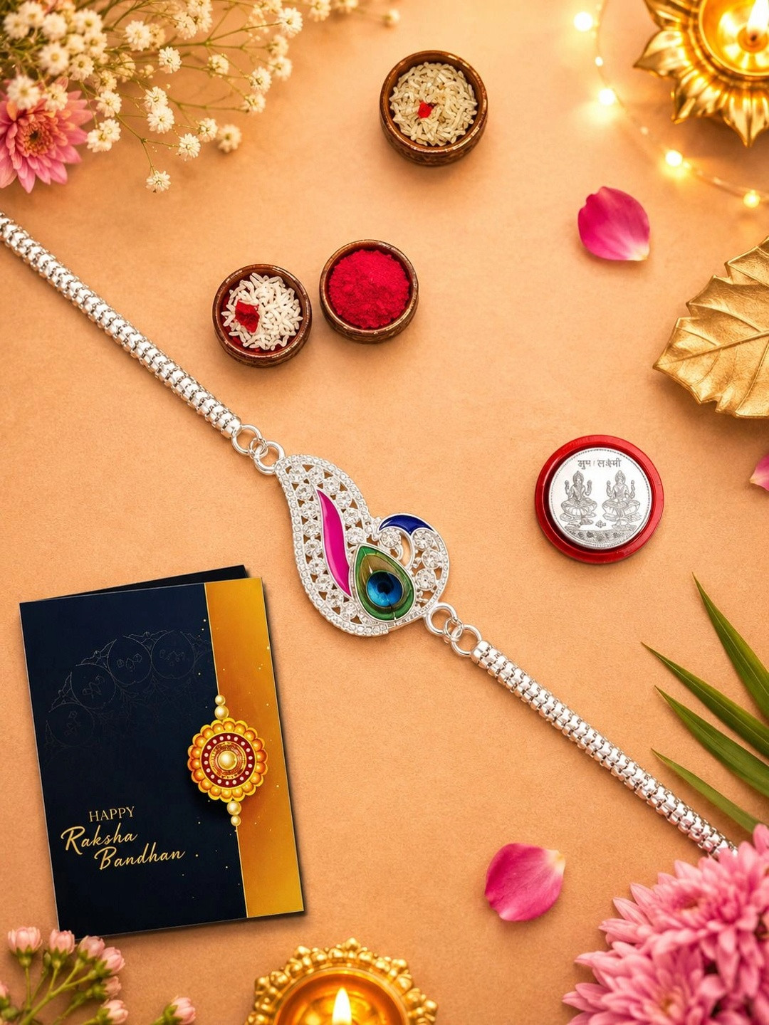 DeoDap Rakhi Combo For Brother With Rakhi Roli Chawal Silver Colour Coin And Greeting Card