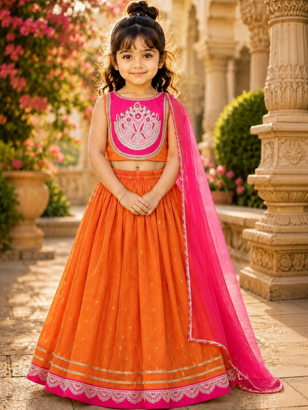 Sangria Girls Embroidered Thread Work Ready to Wear Lehenga & Blouse With Dupatta