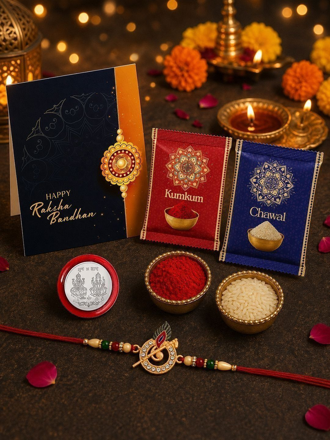 DeoDap Rakhi for Brother With Greeting Card & Roli-Chawal & Silver colour coin
