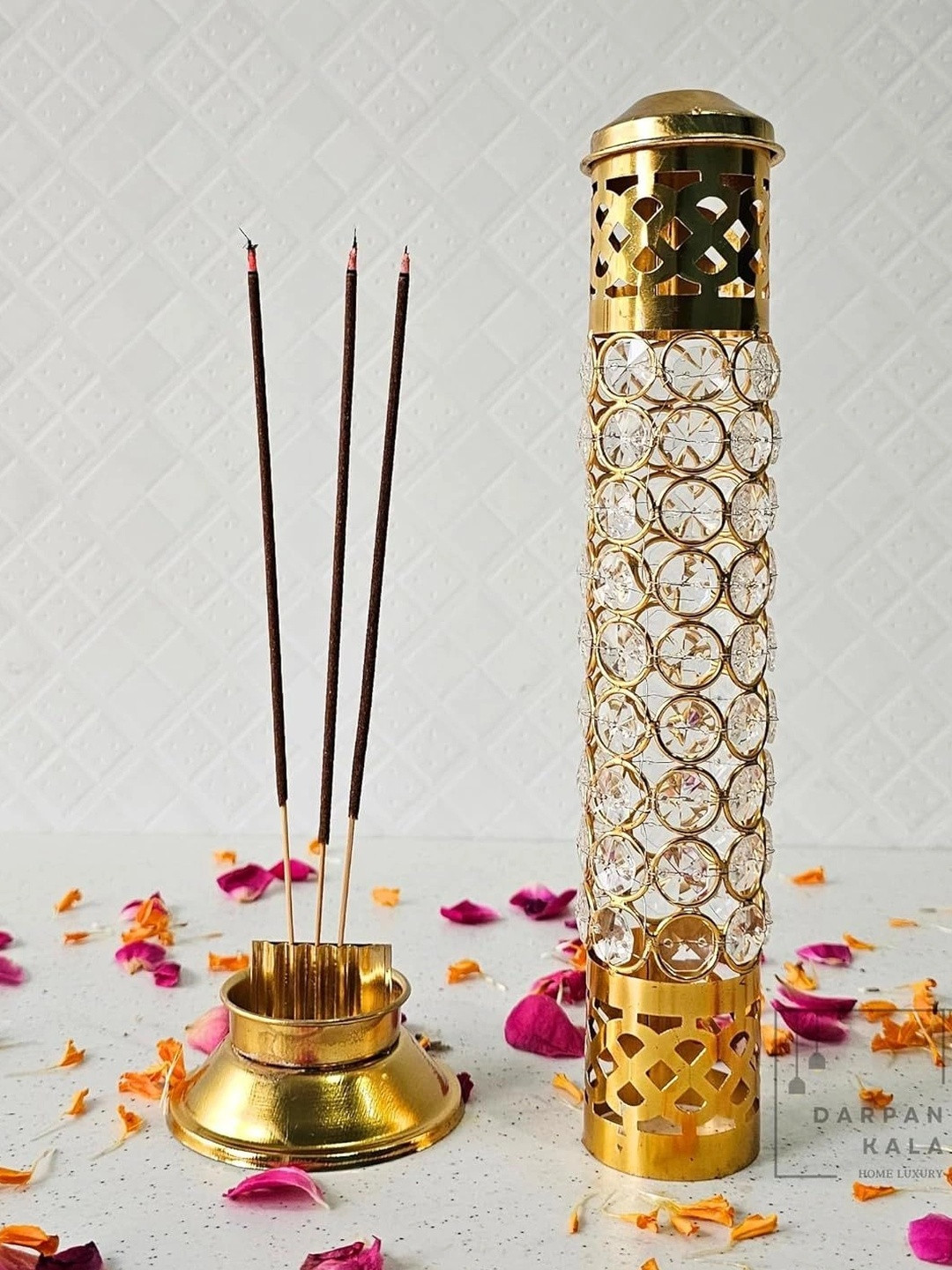 DARPAN KALA Crystal Incense Stick Holder with Gold Finish