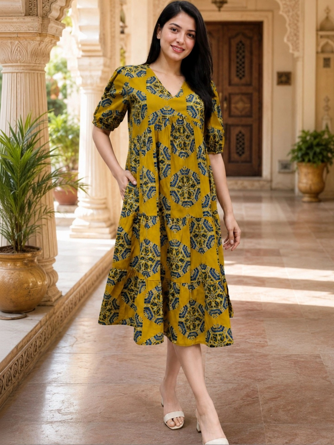 Kamayra Print Puff Sleeve A-Line Midi Dress