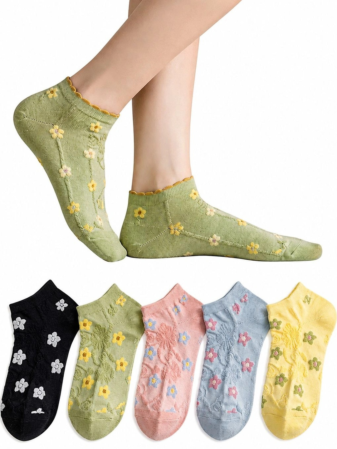 MORDLANKA Women Pack of 5 Cotton Assorted Patterned Ankle Length Socks