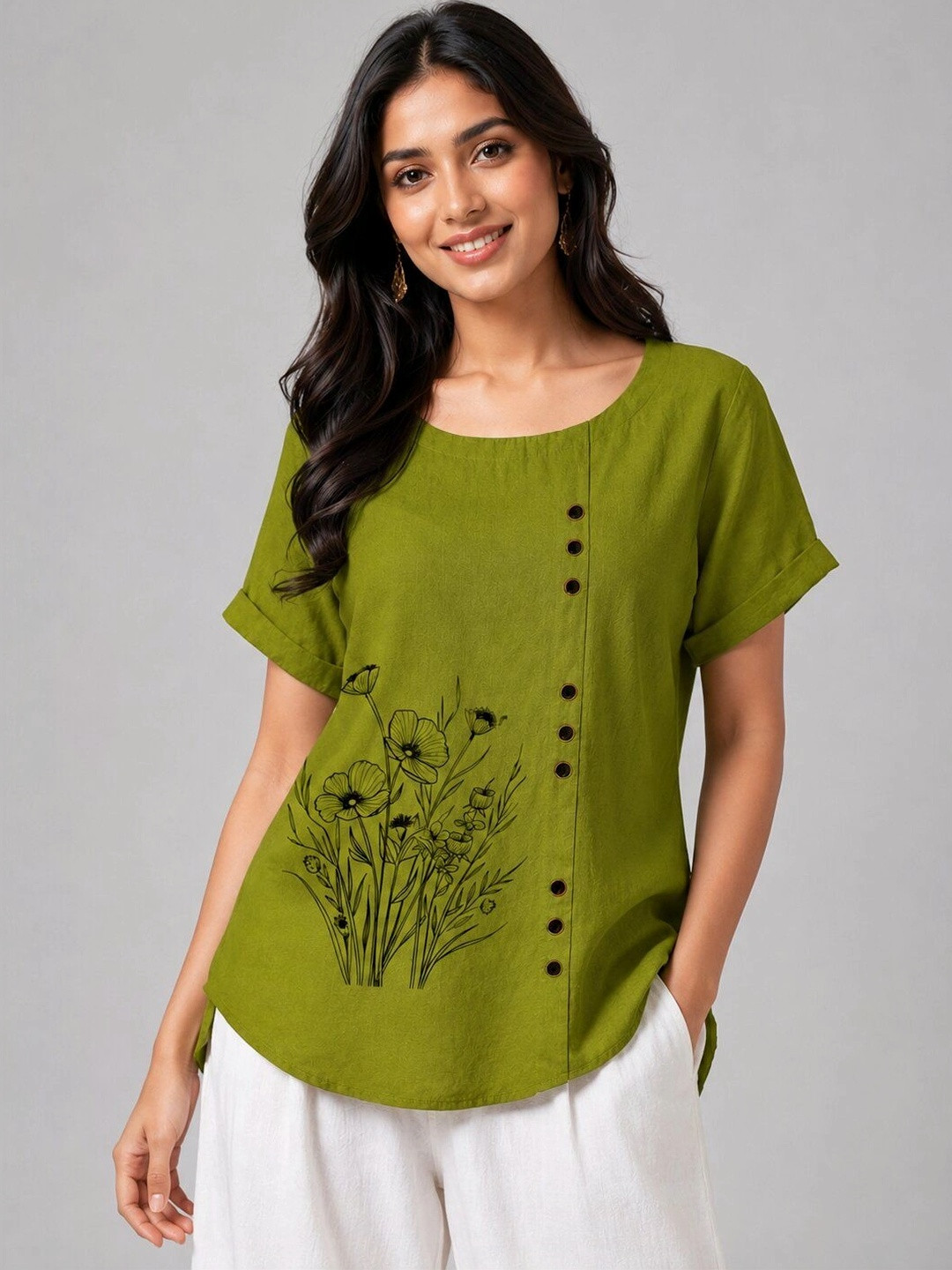 Moda Rapido Floral Print Roll-Up Sleeves Cotton Top