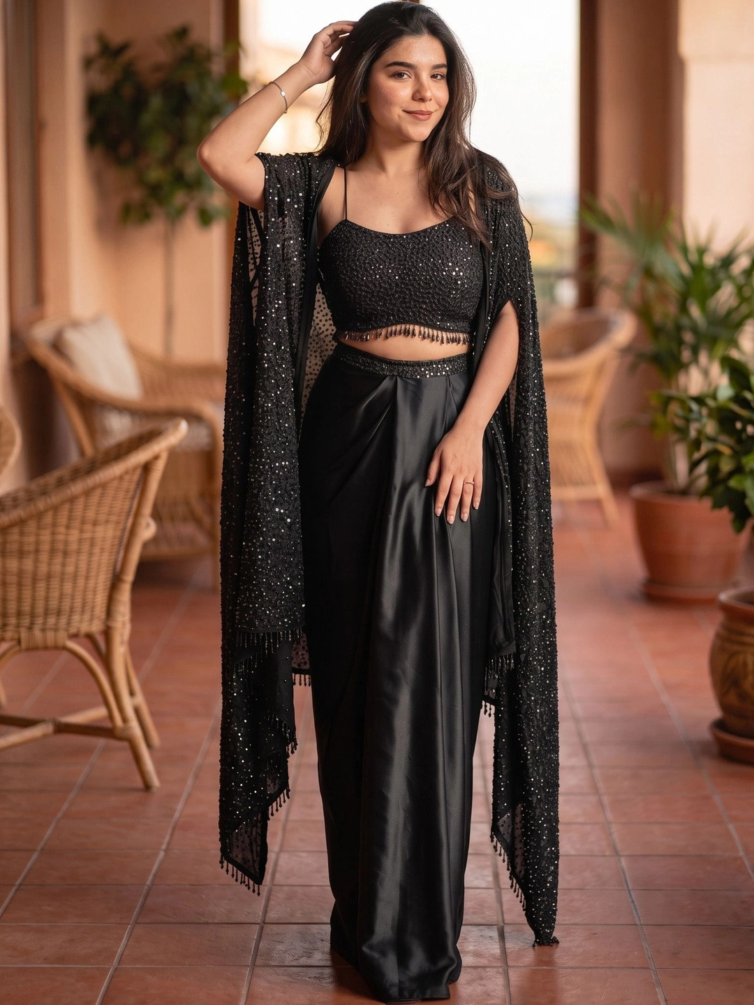 STARLY Bling & Sparkly Embellished Top With Skirt & Shrug