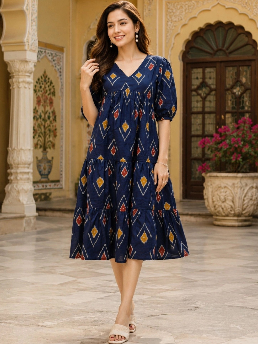 Kamayra Print Puff Sleeve A-Line Midi Dress