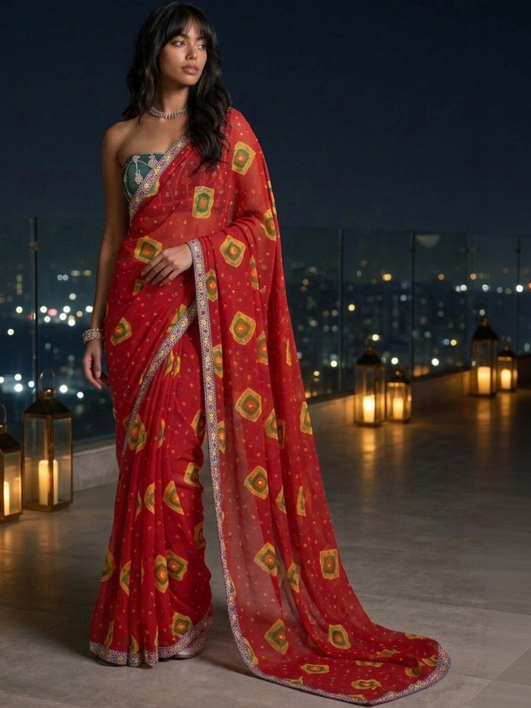 SAARA Bandhani Sequinned Pure Chiffon Saree