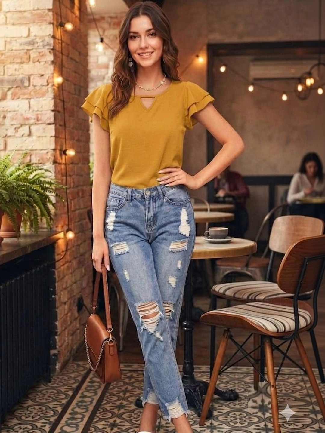 FashionsEye Keyhole Neck Flutter Sleeve Ruffles Top