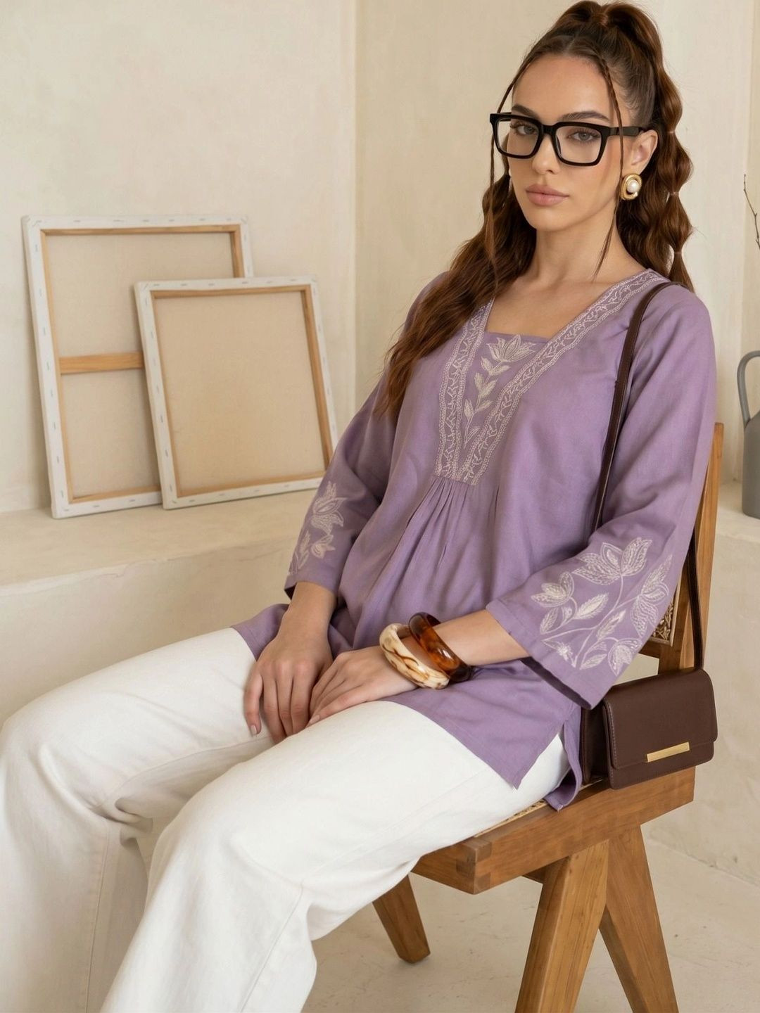 Anouk Ethnic Motifs Embroidered Square Neck Thread Work Thread Work Kurti