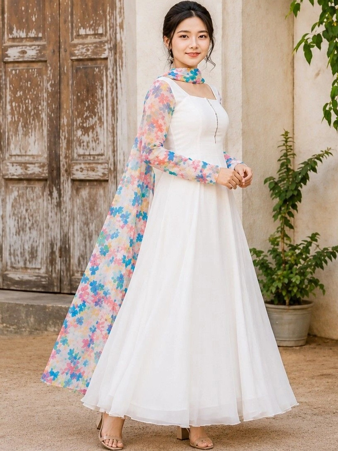 DIVU FASHION women Floral Print Ruffled Georgette A-Line Maxi Dress