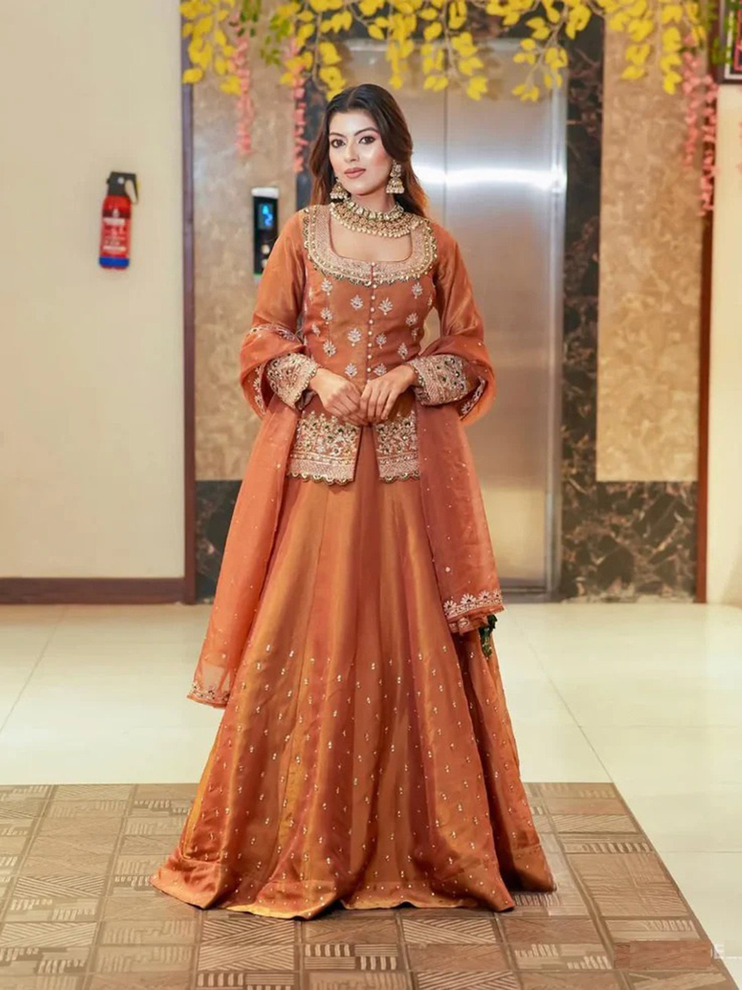 KRYSAL Motifs Embroidered Thread Work Chanderi Silk Kurta with Skirt & With Dupatta